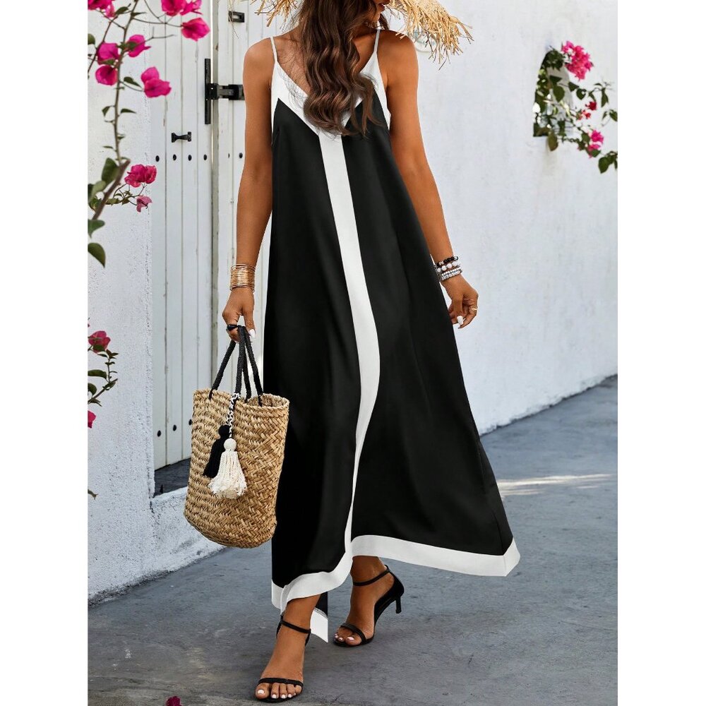Contrast minimalist Cami sleeve two tone sleeveless maxi dress navy blue tan - Picture 3 of 6